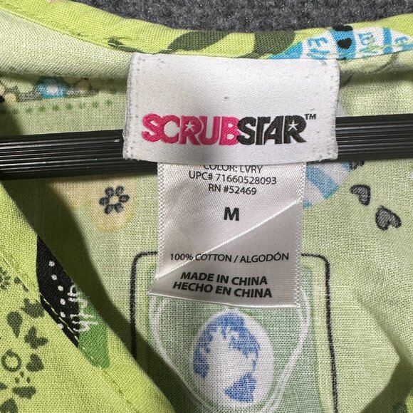 ScrubStar Top Size Medium  Short Sleeve Pockets V Neck Green Earth Heart Print - Picture 7 of 9